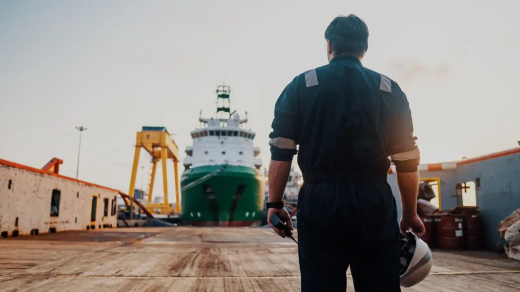 a cruise ship worker looking at a cruise ship that he is about to board