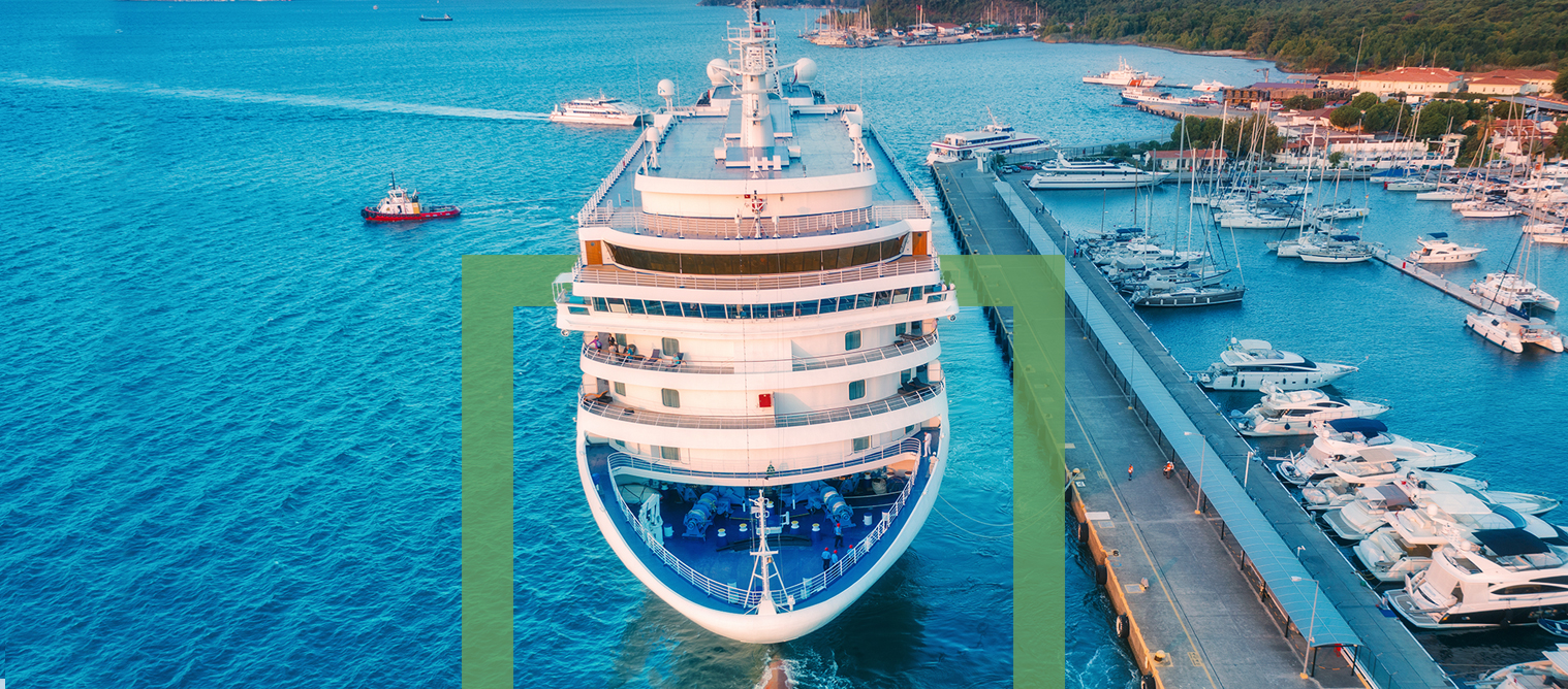 A small cruise ship at port on an island